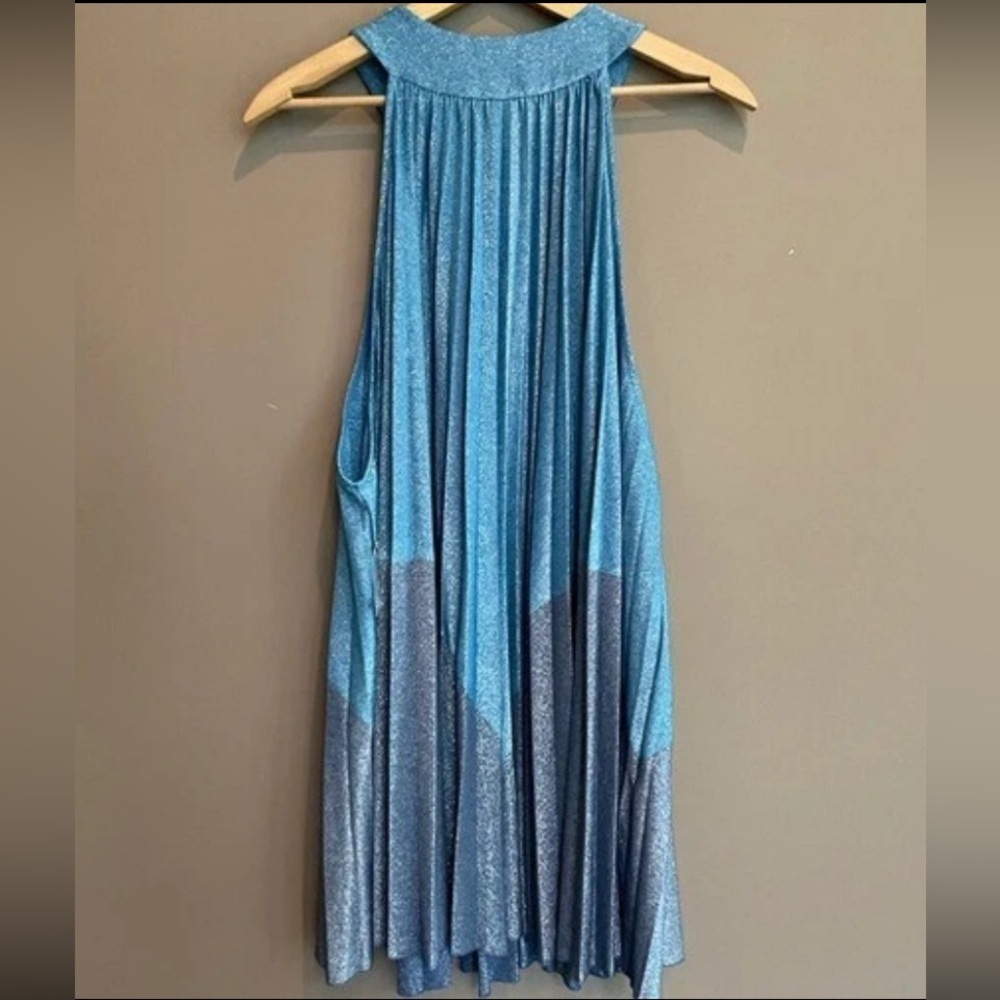 Free People High Necked Mod Themed Retro Shimmer Blue Mini Dress Size XL - Picture 5 of 10